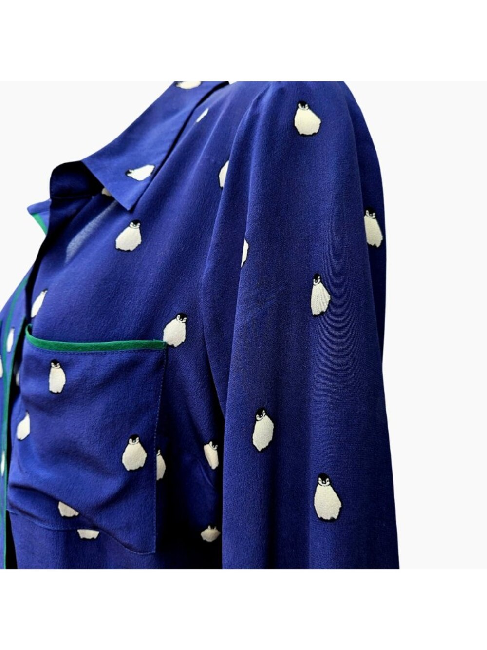 Alcée for Barneys New York Co-Op Silk Penguin Print Shirt Green Trim XS to S - Picture 8 of 11